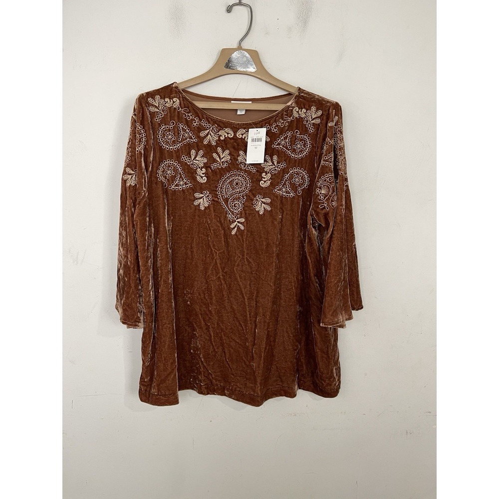 J Jill Womens Shirt Medium Brown Velvet Fairy‎ Boho Embroidered Whimsigoth
